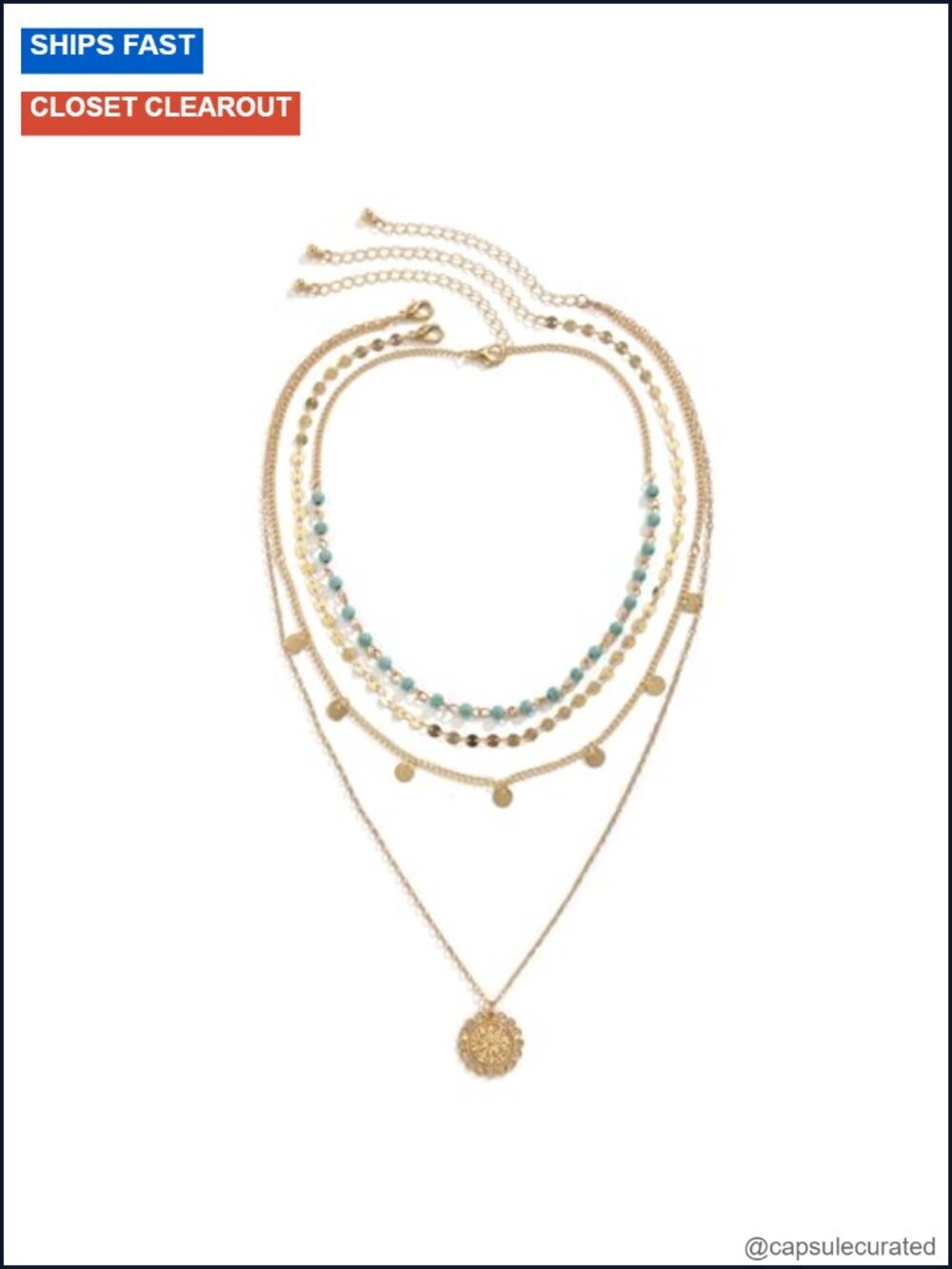 Boho Layered Turquoise Coin Pendant Necklace with Sequins 4 Strands